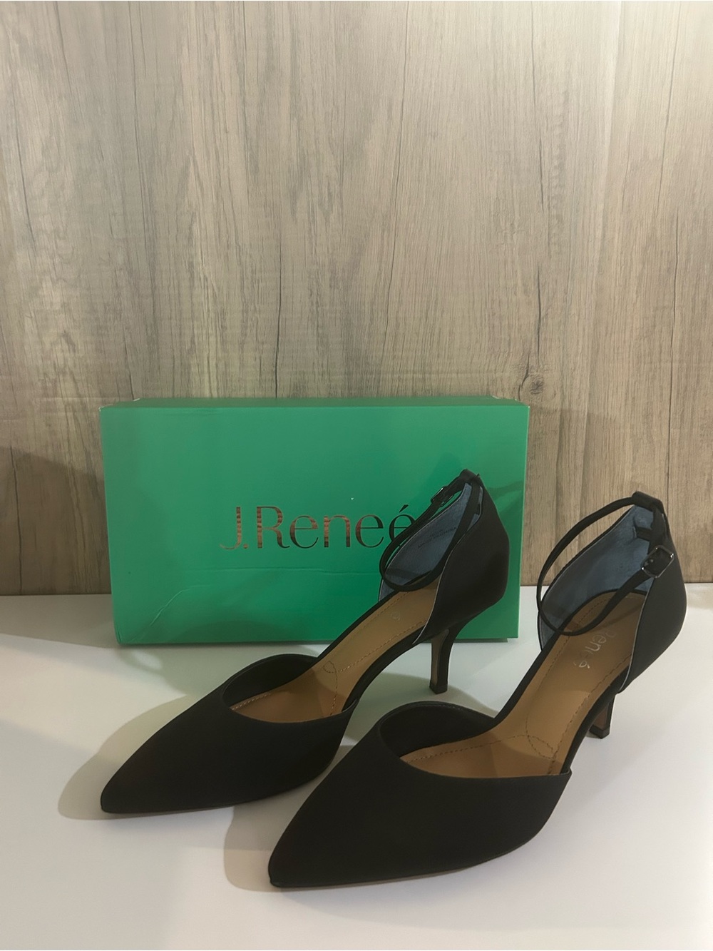 J.Renee Black Pointed-Toe D'Orsay Ankle-Strap Heels